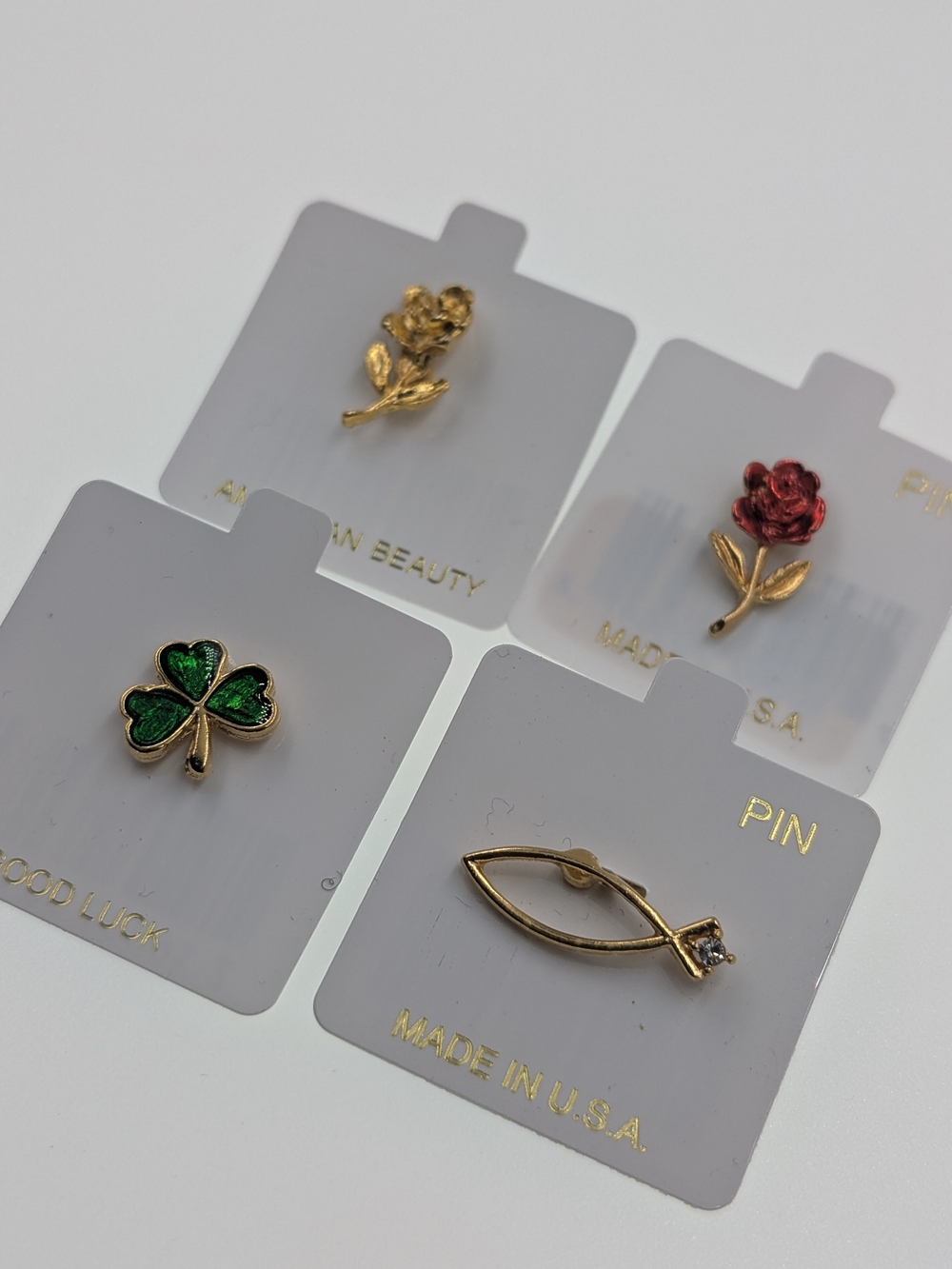 4pc Good Luck & Faith Pin Set Shamrock Rose Ichthus USA Deadstock Lot 0425